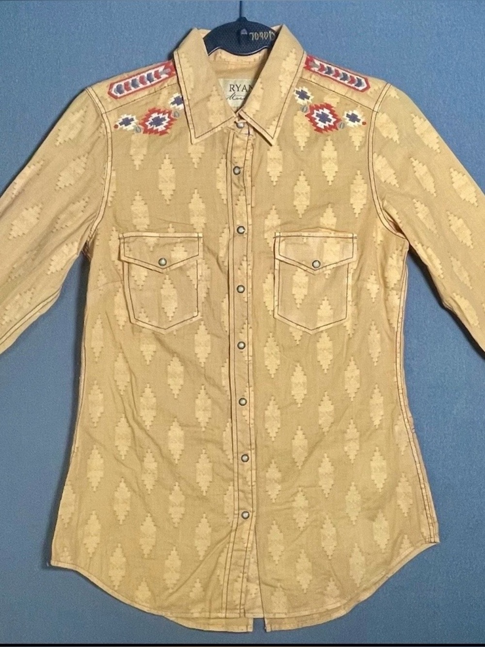 Ryan Michael Mustard Western Snap Shirt Embroidered Aztec Jacquard Women S